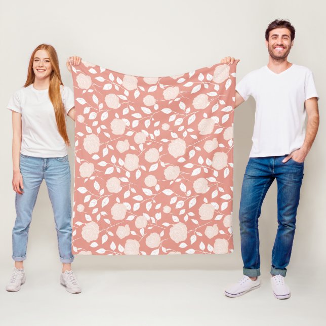 Minimalist Pastel Rose White Floral Pattern Fleece Blanket (In Situ)
