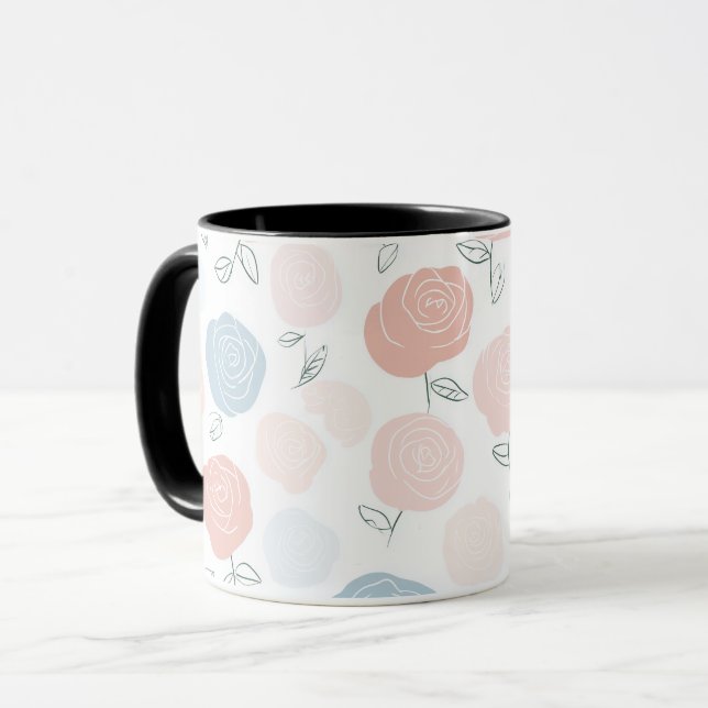 Minimalist Pastel Rose White Floral Pattern Mug (Front Left)