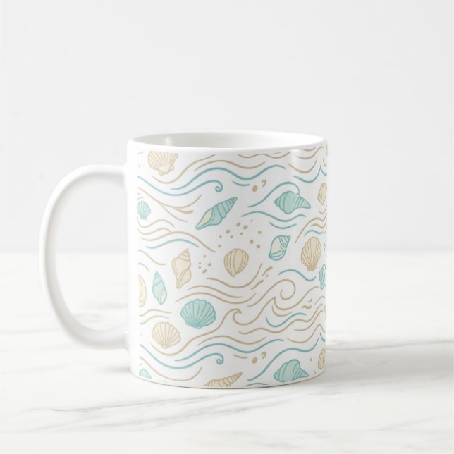 Minimalist Pastel Seashells and Ocean Waves Coffee Mug (Left)