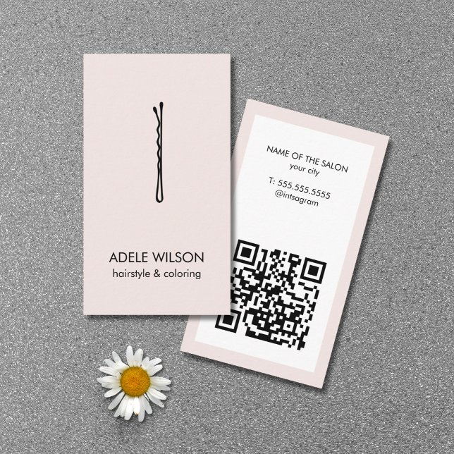 Minimalist Pastel White QR Code Hair Pin Salon Business Card (Creator Uploaded)