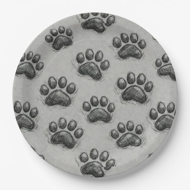 Minimalist Paw Print Sketch Pattern (1) Paper Plate (Front)