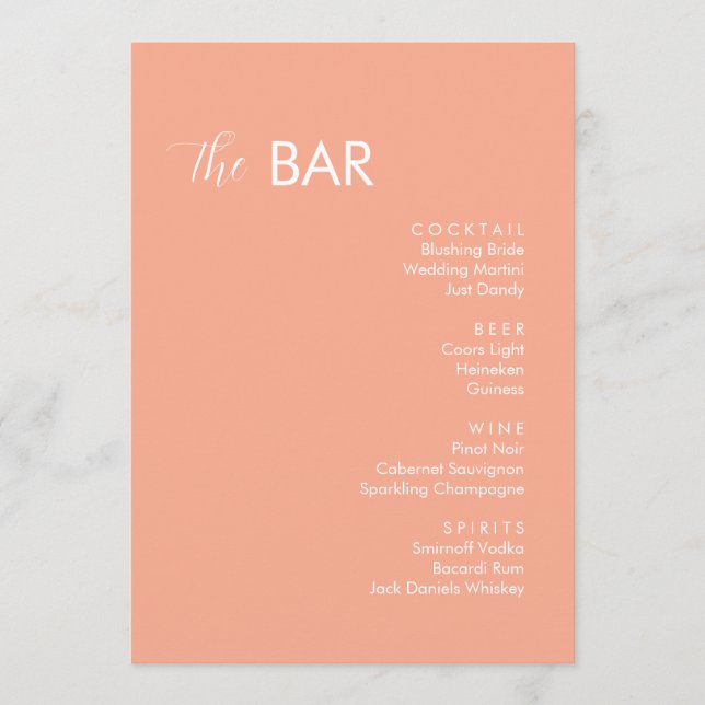 Minimalist Peach Wedding Drinks Bar Menu (Front)