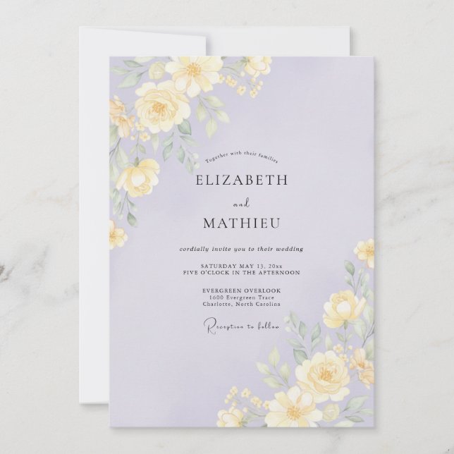 Minimalist Periwinkle Yellow Peony Wedding Invitation (Front)