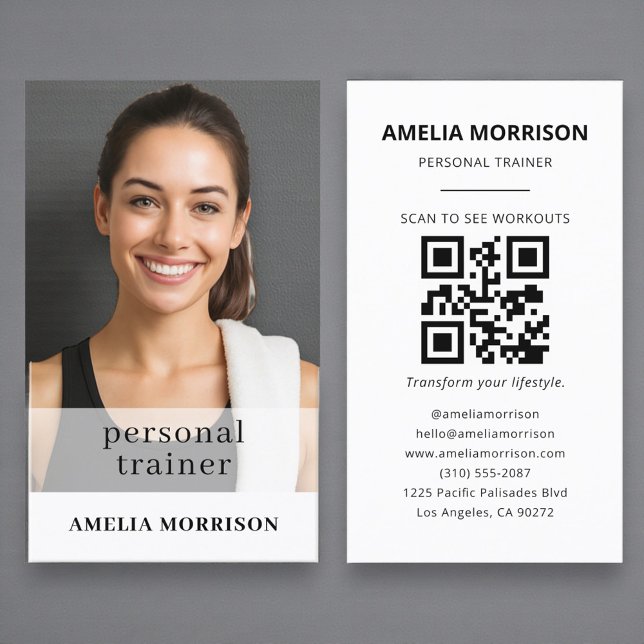 Minimalist Personal Trainer QR Code Photo  Business Card (Creator Uploaded)