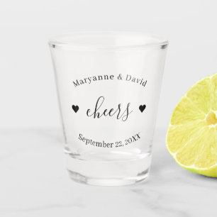 Minimalist Personalised Cheers Wedding Hearts Shot Glass