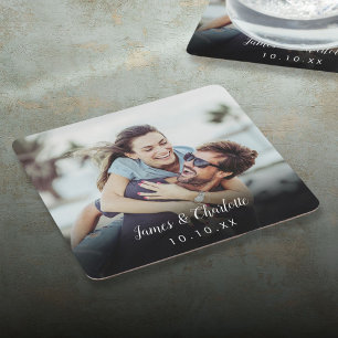 Minimalist Personalised Photo Script Name Date Square Paper Coaster
