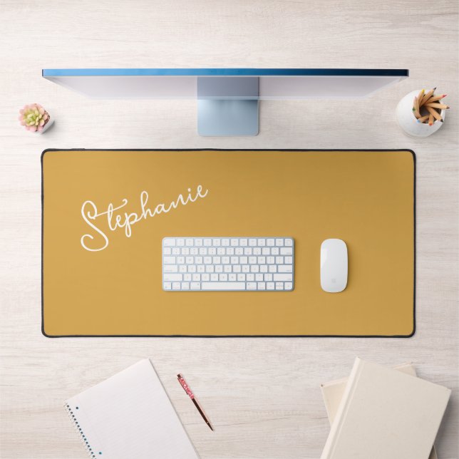 Minimalist Personalised Script Name Mustard Gold  Desk Mat (Office 1)