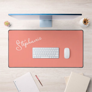 Minimalist Personalized Script Name Coral Peach Desk Mat