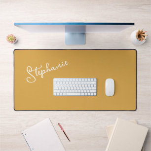 Minimalist Personalized Script Name Mustard Gold  Desk Mat