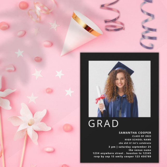 Minimalist Photo 2022 Graduation Black Invitation (Creator Uploaded)