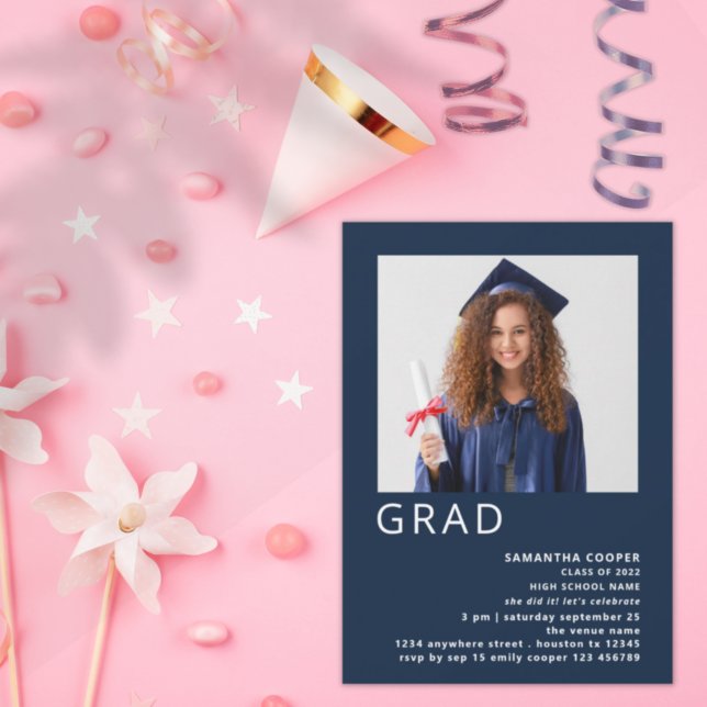 Minimalist Photo 2022 Graduation Navy Blue Invitation (Creator Uploaded)