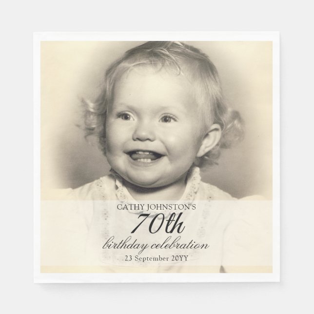 Minimalist Photo 70th Birthday Napkin (Front)