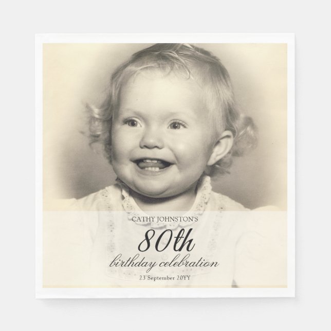 Minimalist Photo 80th Birthday Napkin (Front)