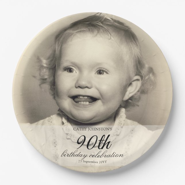 Minimalist Photo 90th Birthday Paper Plate (Front)