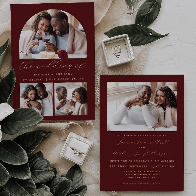 Minimalist Photo Arch Collage Burgundy Wedding Invitation (Creator Uploaded)