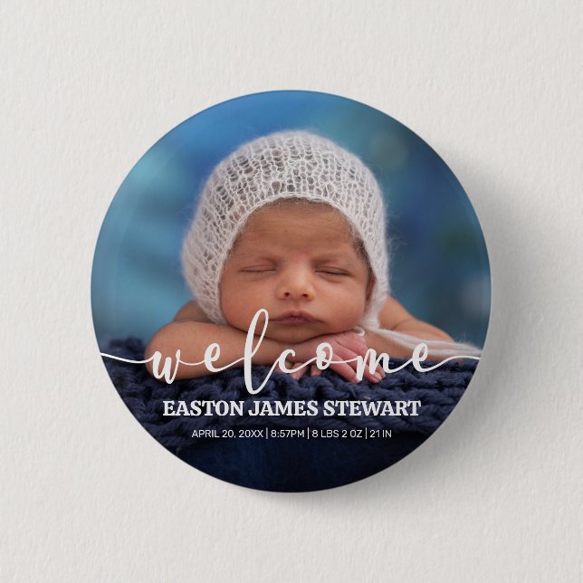 Minimalist Photo Baby Birth Announcement 6 Cm Round Badge (Front)