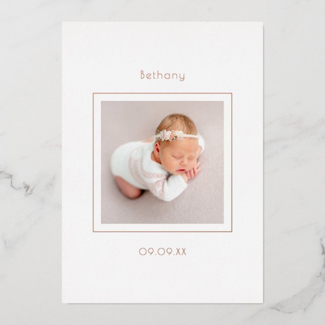 Minimalist Photo Baby Girl Birth Announcement Foil (Front)