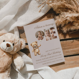 Minimalist Photo Bear Neutral Beary First Birthday Invitation