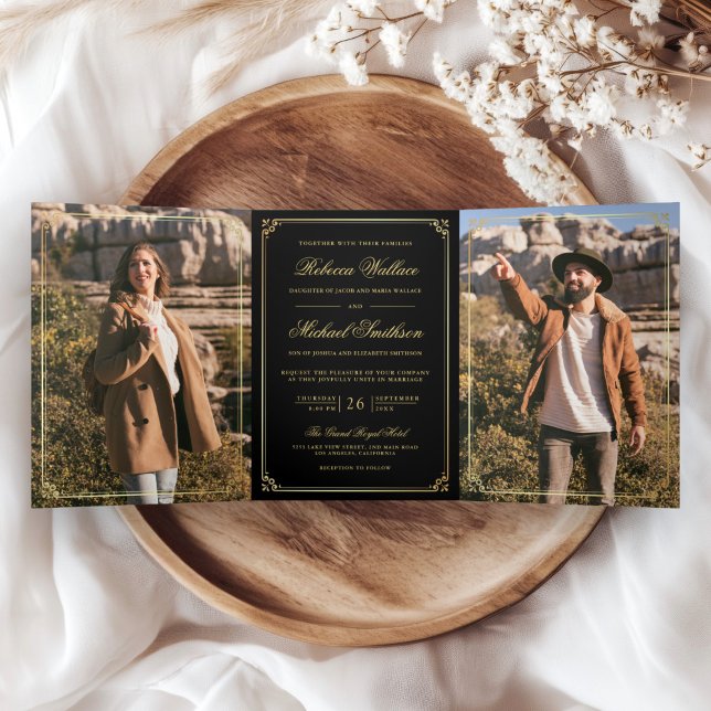 Minimalist Photo Black Gold QR Code Wedding Tri-Fold Invitation (Creator Uploaded)