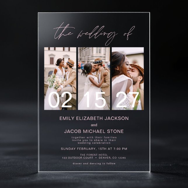 Minimalist Photo Blush Pink Wedding 3 Photo Acrylic Invitations (Creator Uploaded)