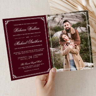 Minimalist Photo Burgundy White QR Code Wedding Invitation