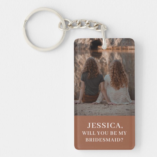 Minimalist Photo Burnt Orange Bridesmaid Proposal Key Ring (Front)