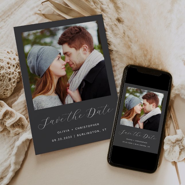 Minimalist Photo Charcoal Grey Script Save The Date (Creator Uploaded)