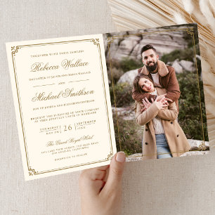 Minimalist Photo Cream Gold QR Code Wedding Invitation
