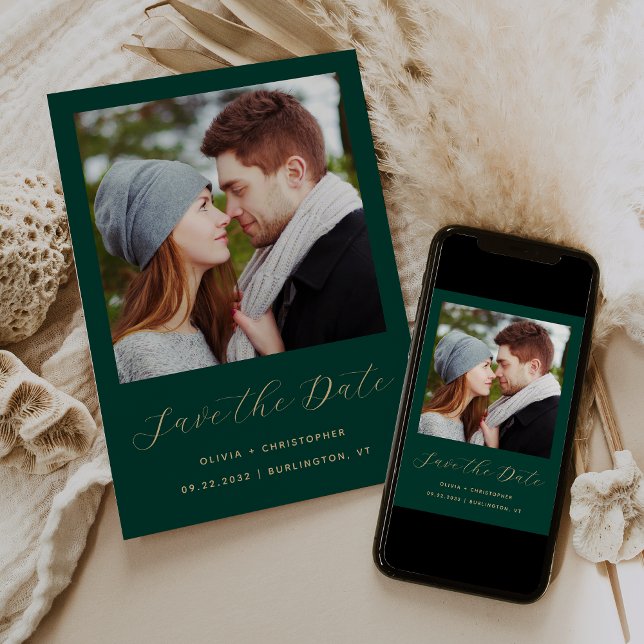 Minimalist Photo Emerald Green Gold Script Save The Date (Creator Uploaded)