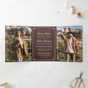 Minimalist Photo Espresso Brown QR Code Wedding Tri-Fold Invitation