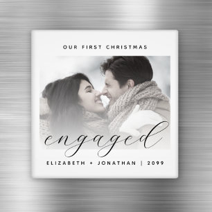 Minimalist Photo First Christmas Engaged Script Magnet