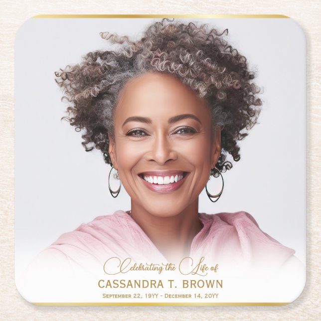 Minimalist Photo Gold Rim Photo Funeral Square Paper Coaster (Front)