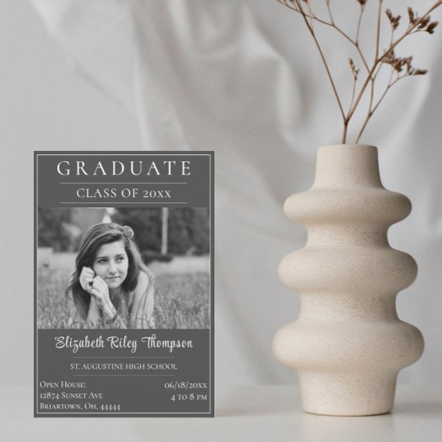 Minimalist Photo Graduation Open House | Grey Invitation (Gray Minimalist Photo Graduation Open House Invitation)