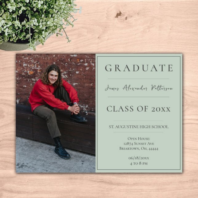 Minimalist Photo Graduation Open House Sage Green Invitation (Sage Green Minimalist Photo Graduation Open House Invitation)