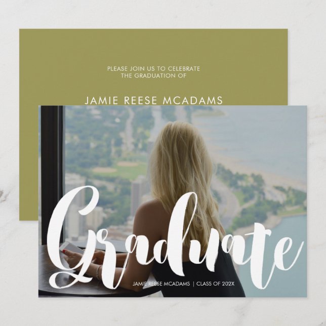 Minimalist Photo Graduation Party Green  Announcem Announcement (Front/Back)