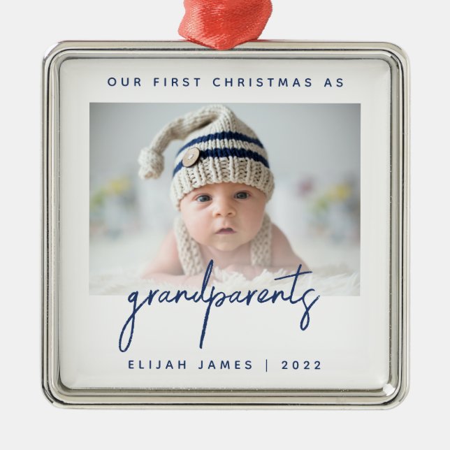 Minimalist Photo Grandparents 1st Christmas Blue Metal Tree Decoration (Front)