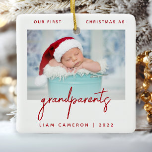 Minimalist Photo Grandparents 1st Christmas Red Ceramic Ornament