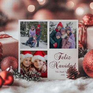 Minimalist Photo Grid Burgundy Feliz Navidad Holiday Card
