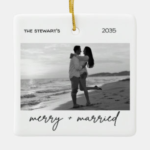 Minimalist Photo Merry & Married Elegant Simple  Ceramic Ornament