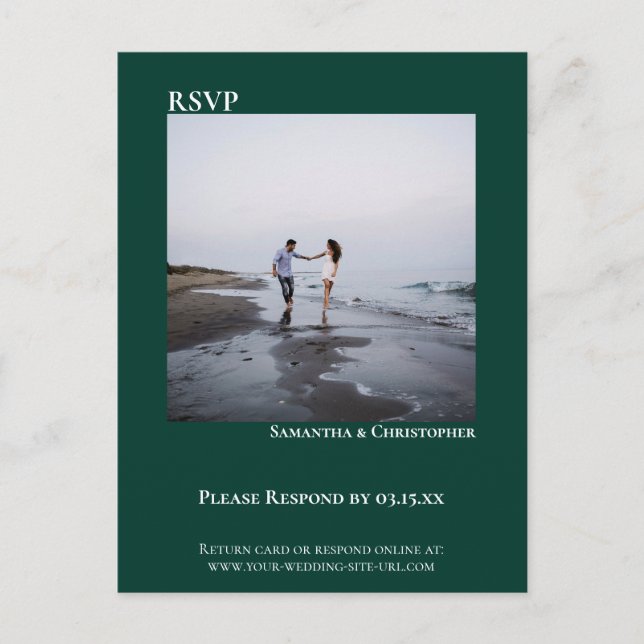 Minimalist Photo Modern Emerald Green Wedding RSVP Postcard (Front)