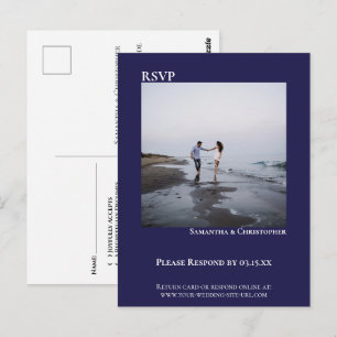 Minimalist Photo Modern Navy Blue Wedding RSVP Postcard