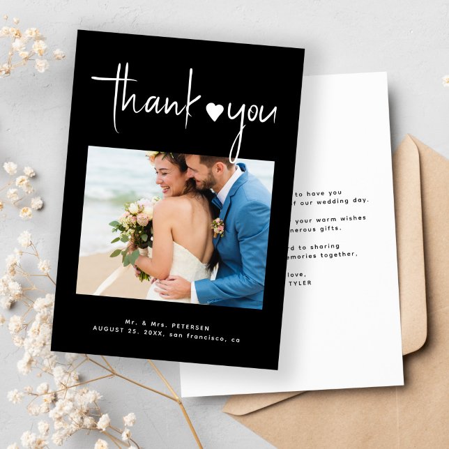 Minimalist photo modern script black wedding  thank you card (Creator Uploaded)