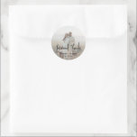 Minimalist Photo Modern Wedding Classic Round Sticker<br><div class="desc">Modern wedding favour stickers featuring a simple design with "Love and Thanks" in an elegant script typography and your names and wedding date in a minimalist sans serif font over your favourite photo. The design has a sheer overlay to allow the text to show up over your picture and may...</div>