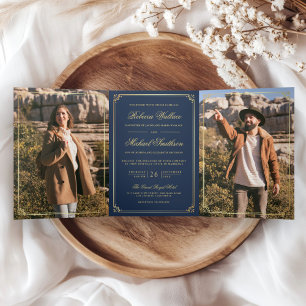 Minimalist Photo Navy Blue Gold QR Code Wedding Tri-Fold Invitation