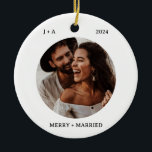 Minimalist Photo Ornament | Merry & Married Photo<br><div class="desc">This minimalist Christmas holiday ornament features your wedding photos and modern calligraphy. A beautiful keepsake for your first Christmas as a married couple!</div>