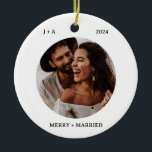 Minimalist Photo Ornament | Merry & Married Photo<br><div class="desc">This minimalist Christmas holiday ornament features your wedding photos and modern calligraphy. A beautiful keepsake for your first Christmas as a married couple!</div>