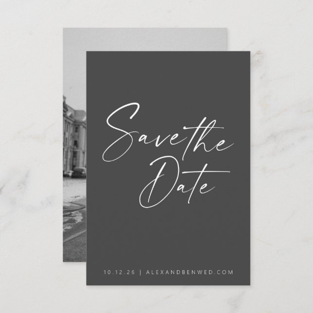 Minimalist Photo Overlay Black White Script  Save The Date (Front/Back)