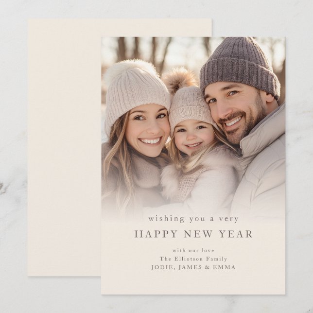 Minimalist Photo Overlay Cream Happy New Year Holiday Card (Front/Back)