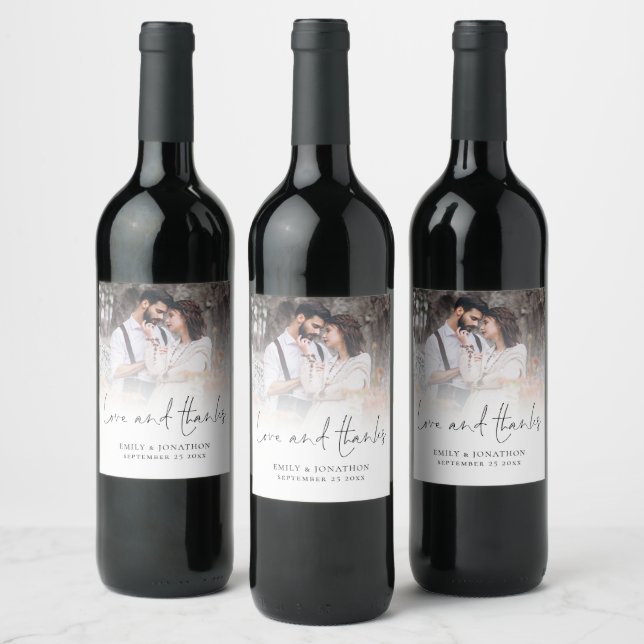 Minimalist Photo Overlay Love and Thanks Wedding Wine Label (Bottles)