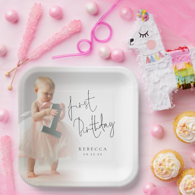 Minimalist Photo Overlay Script 1st Birthday Paper Plate (Party)